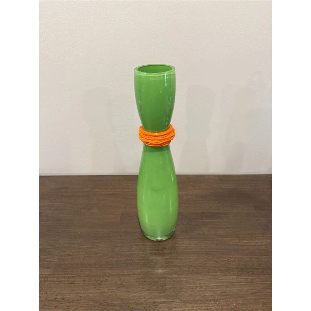 Rony Plesl Signed Czech Bohemian Art Glass Vase Green Orange Hand Blown 13
